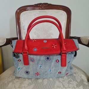 Desigual genuine denim bag with red leather and embroidery